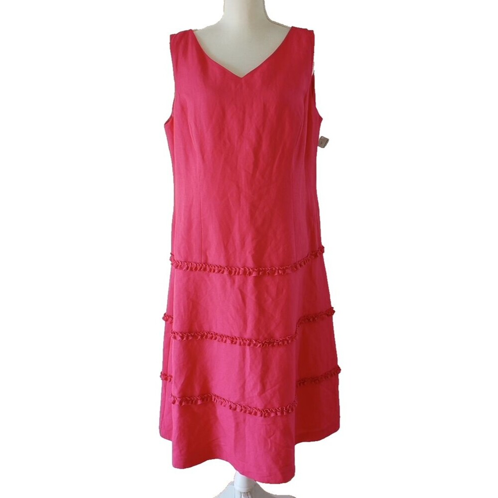 Talbots Pink Dress 16P Linen Blend Midi VNeck Ruffle Princess Fairy Easter NWT - Picture 2 of 10